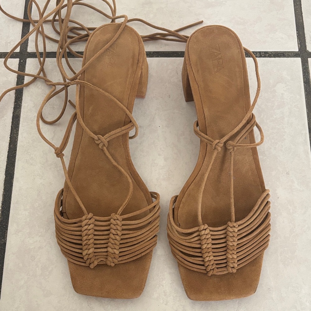 Zara Low Chunky Block Heels Gladiator Lace Up Sandals Suede